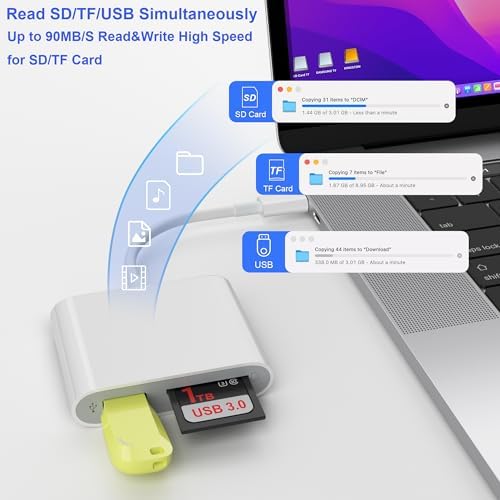 SD Card Reader, USB 3.0 Type C High Speed to SD/TF Card Adapter for iPhone 17/16/15 Pro Max Memory Card Reader with SD MicroSD USB 3 Port for Mac/iPad/MacBook Pro/Air Android Phone Tablet(White)