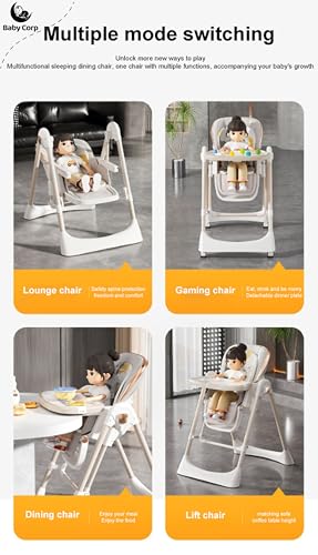 Image of Luxe Foldable High Chair for 6 Months to 5 Years | Adjustable Feeding Chair with Double Tray, Reclining Seat, 5-Point Harness & Swing Mode (White)