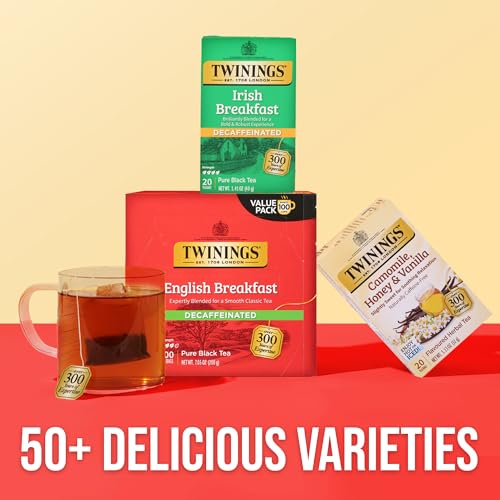 Twinings Decaffeinated English Breakfast Black Tea, 100 Individually Wrapped Tea Bags, Smooth, Flavourful Black Tea