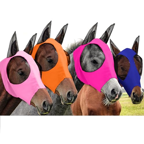 Image of Frienda 4 Pcs Horse Fly Masks with Ears UV Protection Elastic Horse Mask Breathable Comfortable Fly Mask for Adult Horses, Protect from Summer Insect(Large,Rose Red, Royal Blue, Orange, Light Pink)