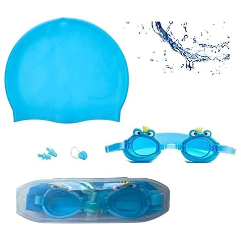 Children's Swimming Goggles with Swimming Cap Set,Silicone swimming cap, anti-fog glasses, suitable for boys and girls aged 4-10,Adjustable Length of Glasses Cover