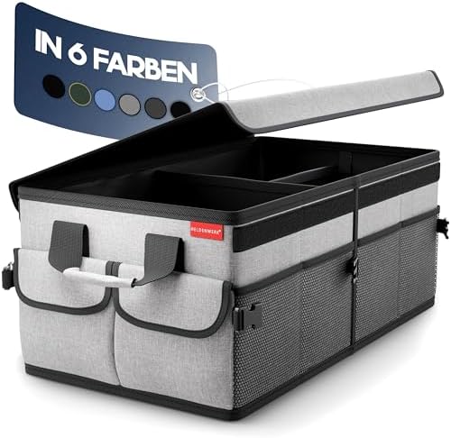 HELDENWERK® Premium Kofferraumtasche Auto faltbar mit Anti-Rutsch-Klett | Autotasche Kofferraum-Organizer, Doppelboden, Pflegeleicht, Abriebfest, verstärkte Wände, Gepolsterter Gri