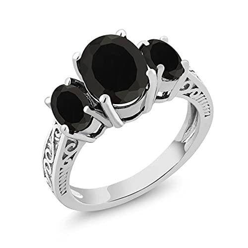 Gem Stone King 925 Sterling Silver Black Onyx 3-Stone Women's Ring (2.41 Cttw Oval, Available 5,6,7,8,9) (Size 6)