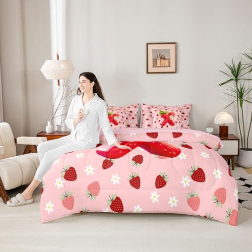 Image of Feelyou Girls Pink Red Strawberry Comforter Set Queen Size 7 Pieces Initial Letter X Bedding Set Kids Boys Girls Princess Strawberry Bed in a Bag with Comforter, Sheets, Pillowcases, Cushion Covers