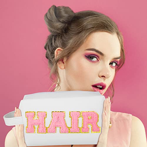 Sotiff 3 Pcs Preppy Patch Makeup Bag Hair Face Skin Cosmetic Bag Travel Toiletry Bag for Women Chenille Letters Patch Bag with Handle Waterproof Portable Preppy Purse Zipper Pouch for Girls4