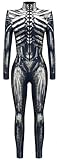 Ocean Plus Damen Halloween Skelett Digitaldruck Overall Schmal Geschnittene Langärmlige Einteilige Strumpfhose Jumpsuit (XL, Skelett-Lederjacke)
