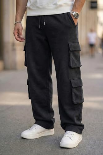 Image of Veirdo Cotton Terry 6 Pocket Oversized Baggy Fit Knitted Cargo Pant for Men (Colors: Black & Grey)