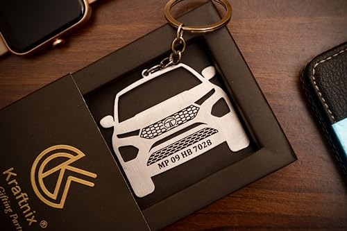 Image of Personalized Tata Harrier Design Car Model Metallic Keychain - Custom Engraved Key Ring with Number Plate, Best Gift For Car Lovers