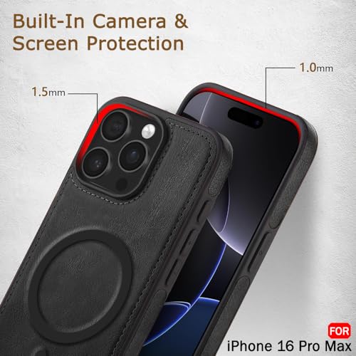 Image of TheGiftKart Genuine Leather Finish Back Cover Case for iPhone 16 Pro Max | ShockProof Design | Raised Edges for Camera & Screen Protection | Stunning Minimalist Design Case (MagSafe Compatible, Black)