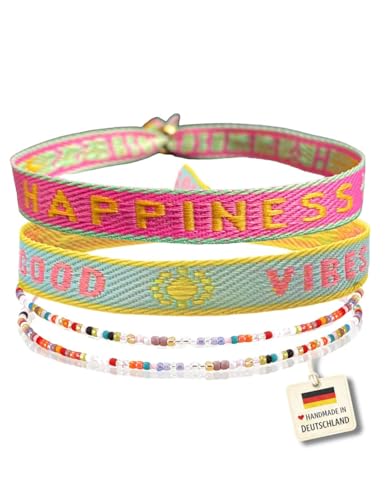 happymaker - Armbänder Damen, Surferarmband Damen Set, Stoffarmbänder und Glasperlen Armbänder, größenverstellbar und wasserfest, Festival und Boho Style