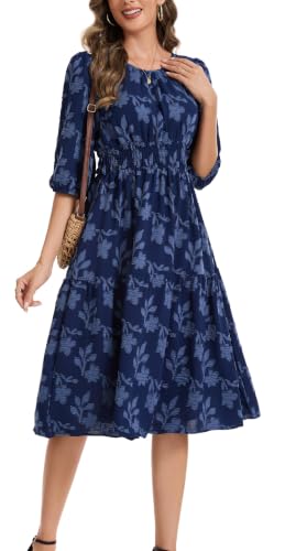 Image of Kormei Women Casual Boho Floral Round Neck 3 /4 Sleeve Smocked Waist Tiered A Line Flowy Swing Midi Dress Long Dresses