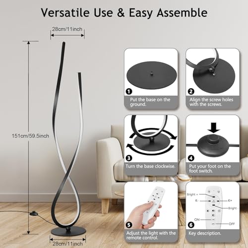 Image of Stylish Spiral Floor Lamp, Dual-Tone Black Body with 3 LED Colors (Warm /Natural /Cool), Contemporary Standing Light for Living Room, Bedroom, or Office Decor