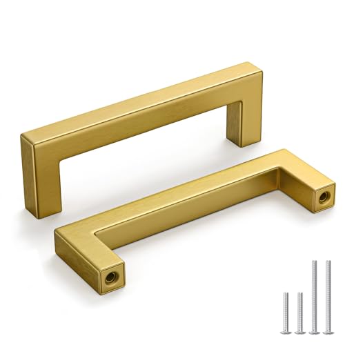homdiy 6 Pack 4 Inch Gold Handles for Cabinets Kitchen Cabinet Handles Brushed Brass Cabinet Pulls Gold Hardware for Cabinets Stainless Steel Modern Hardware