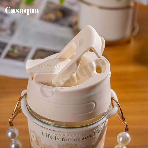 Image of Glass Coffee Tumbler with Lid and Straw - Pack of 1, 350ML, Milk Mug with Pearl Chain Belt & Leather Grip Reusable Travel Sipper Cute Mugs for Girls for Juice Smoothies iced Tea Cups