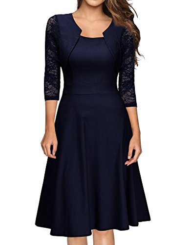 Evedaily Damen Kleid Elegant Abendkleid Cocktailkleid Knielang Partykleid Vintag Kleider 3/4 Arm mit Spitzen Navy Blau Cover
