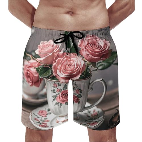 Mens Shorts Tea Cups with Roses Romantic Shabby Men Swim Trunks Quick-Dry Beach Shorts with Drawstring Pocket Bathing Suit XL