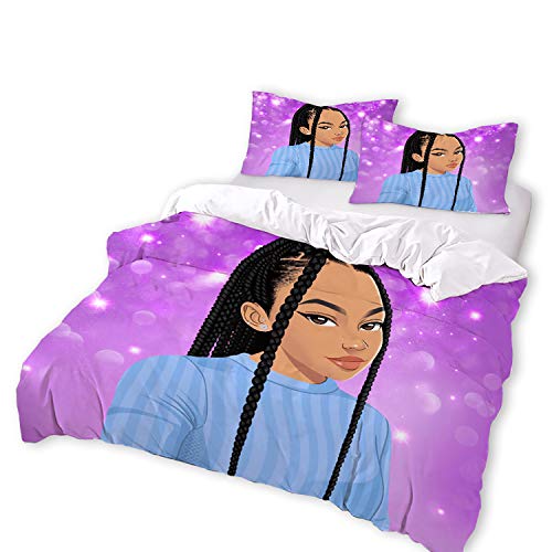 EasyNatures 3Pcs Duvet Covers Set Customizable Name African American Black Girl Bedding Set for Kid & Adult with Zipper Closure (4