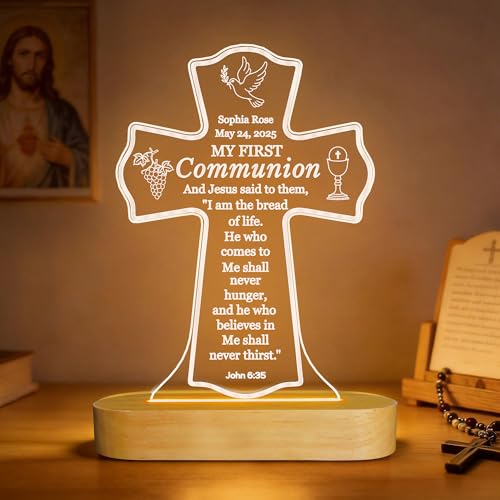 Image of Attivolife First Communion Gift for Girls Boys, LED Night Light with Wooden Base, Jesus Bible Verse Night Light I am the Bread of Life, Religious Gifts for Kid Catholic Christian Baptism Table Decor