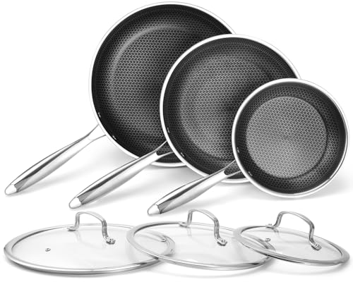 Image of Non Stick Frying Pans Set 8, 10, and 12 Inch 6 Pcs Skillet with Tempered Glass Lids, Stay-cooling Handle, PFOA Free Non Toxic Dishwash & Oven Safe Kithchen Cookware Set Compatible All Cooktops