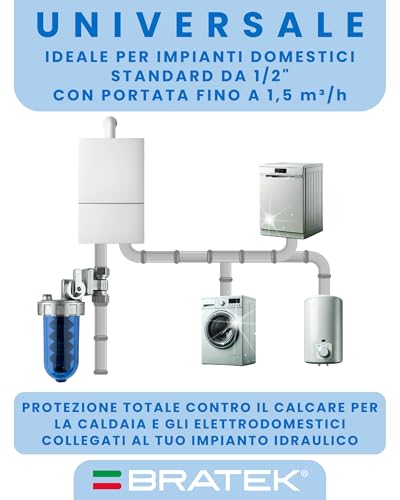 BRATEK Drehbarer Polyphosphatspender mit By-Pass, Anschluss Anlage 1/2 Zoll mit 1 Nachfüllpackung Polyphosphate in Pulverform – Dosierer für Hydraulik- und Sanitäranlagen, maximale Durchflussmenge 1,5