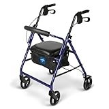 Medline Aluminum Rollator Walker with Seat, Folding Mobility Rolling Walker has 6 inch Wheels, Blue