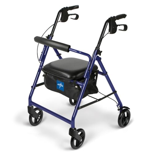Medline Aluminum Rollator Walker with Seat, Blue, 250 lb. Weight Capacity, Lightweight, 6” Wheels, Foldable, Adjustable Handles, Rolling Walker for Seniors -  MDS86850EB