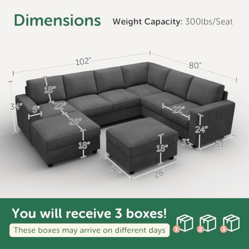 Image of HONBAY Corduroy Sectional Couch with Storage, U Shaped Sectional Sofa, 8 Seater Sectional Couches for Living Room, Dark Gray