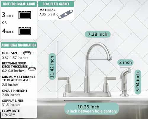 Kitchen Faucet with Sprayer, Brushed Nickel Stainless Steel Kitchen Sink Faucet with Side Sprayer, 3 Hole or 4 Hole Faucet for Kitchen Sink, Commercial RV Laundry Utility Kitchen Faucet KMF023L-1