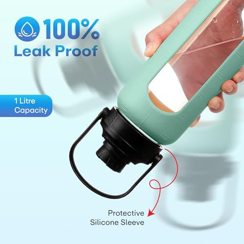 Image of Rioware1 Litre Motivational Borosilicate Glass Sipper with Silicone Sleeve, Time Markings, Airtight,Leak-Proof BPA-Free Eco-Friendly, Reusable Bottle For Fridge, Gym, Travel, Office & Home (GREEN)