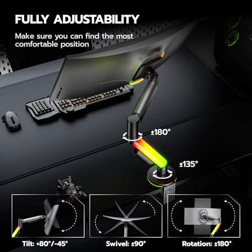 ARES WING RGB Single Monitor Arm Desk Mount for 17-40 inches Flat and Curved Monitors, Holds 26.5 lbs Heavy Duty, Adjustable Computer Monitor Mount with Clamp & Grommet Base, 75/100 VESA Mount, Grey by ARES WING - Used condition - Image 5