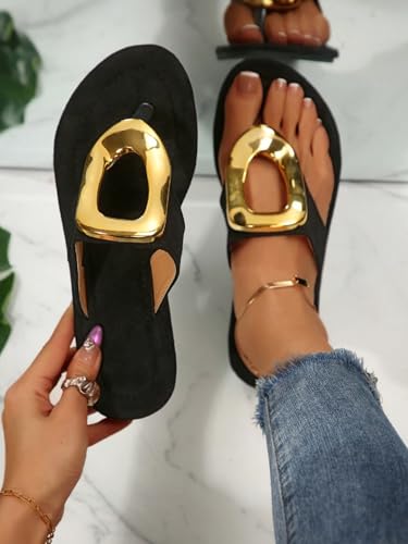Image of GORGLITTER Women's Gold Flip Flops Square Toe Summer Sandals 2026 Wedding Dressy Vacation Beach Slides Shoes