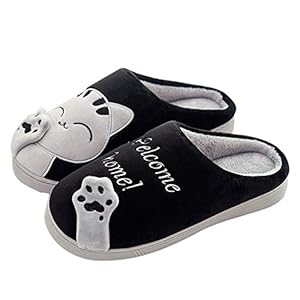 Sloffen voor Dames Kinderen Winter Comfort Geheugen Schuim Kat Schattige Cartoon Pantoffels(Kat Zwart,42/43 EU)