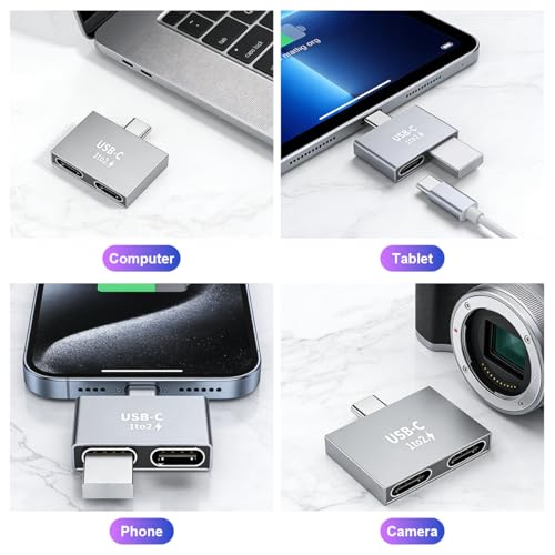 Image of ZORBES USB-C Dual Port Adapter, Type-C 1 to 2 Splitter Converter, Aluminum USB-C Male to Dual USB-C Female Adapter for Multi Device Charging & Data, 26.7x24.3x6.3mm