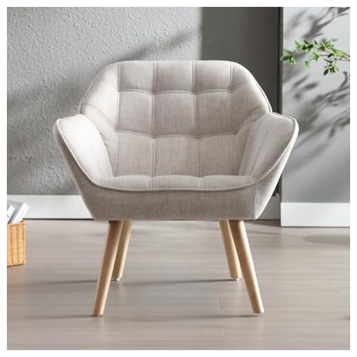 chairus Fauteuil Scandinave de Salon avec Pieds en Bois Modern Chaise de Chambre Capitonné en Lin (Beige-1)