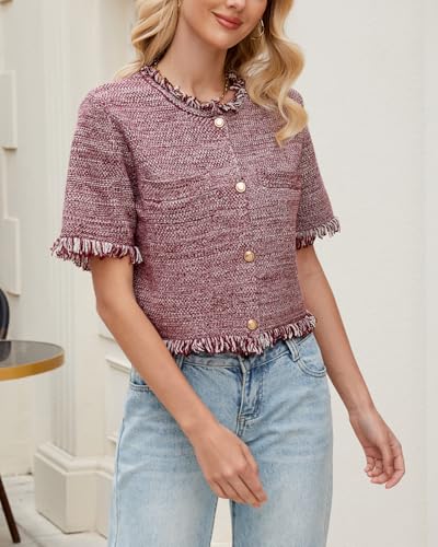 Image of Ladyful Womens Short Sleeve Cardigan Sweater Summer Lightweight Y2K Knitted Open Front Crop Sweater Top