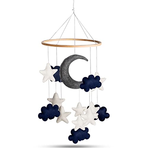 Image of Baby Mobile for Crib - Blue Moon, Stars, and White Clouds Handmade Nursery Mobile- Crib Mobile for Boys