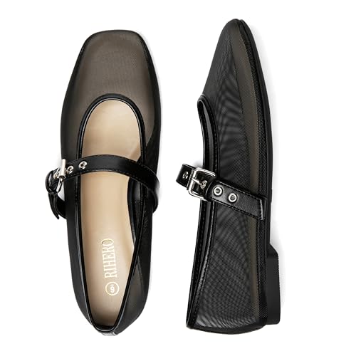 Image of Rihero Mesh Ballet Flats for Women Square Toe Mary Jane Flats Comfortable Casual Ballerina Shoes