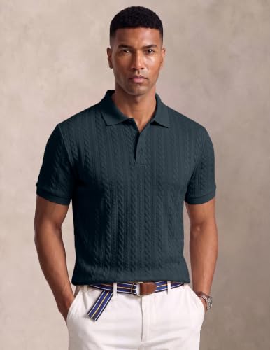 Image of JMIERR Men's Casual Polo Shirt Knitted Textured Short Sleeve Stretch Golf Shirt Summer Vacation Beach Collared Shirts