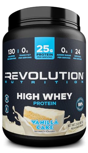 Revolution Nutrition, High Whey, Protein Powder 2LB, Gluten Free, Lean Muscle Mass for Men & Women, 25g of Protein Per Scoop, 907 g, 24 Servings (Vanilla Cake, 2 Pound)