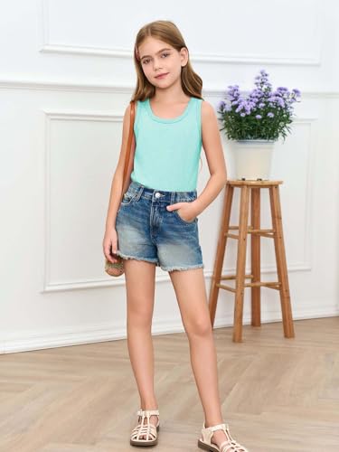 Image of Haloumoning Girls Tank Tops Kids Summer Crewneck Sleeveless Shirts Dancewear 5-14 Years