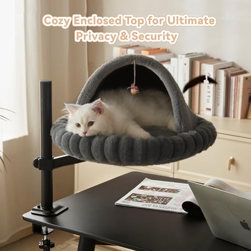 Dogpals 360° Rotating Cat Bed for Desk, Height Adjustable Cat Perch with Semi-Enclosed Design & Removable Cushion, No-Drill Clamp fits up to 1.18" Desk, Supports 9lbs for Office, Gaming Table, Grey — view 5