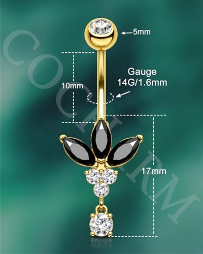 COCHARM Black Lotus Belly Button Rings, 14G Gold Dangle Belly Navel Rings for Women, Stainless Steel Belly Navel Piercing Jewelry3