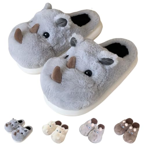 Jfxgjuv Rhino Slippers, Funny Plush hippo animal slippers for women men, Non-slip Indoor Outdoor fuzzy Hippo house Cotton Shoes