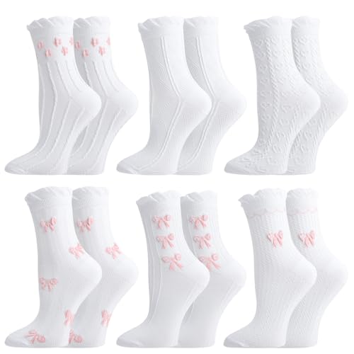 Image of Jspupifip 6 Pairs Lace Ruffle Frilly Crew Socks for Women Girls | Cotton Breathable Cute Princess Ankle Dress Lace Socks Thin Cool Casual Socks
