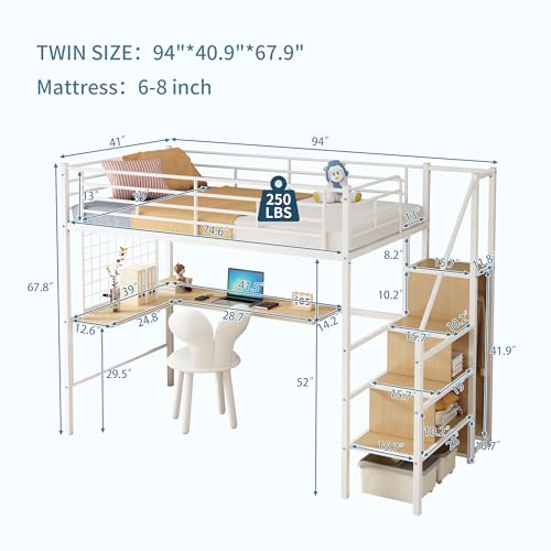 FAVSH Metal Loft Bed with L-Shaped Desk and Storage Wardrobe,Twin Size Heavy Duty Bedframe w/Stairs + Metal Grid & Guardrail, Space-Saving, Noise Free, No Box Spring Needed,White - Thumbnail 2