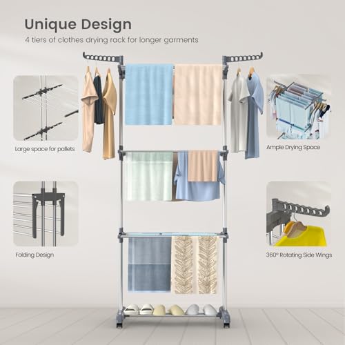 Innotic Clothes Drying Rack 4-Tier Foldable Standing Garment Dryer Collapsible Movable Laundry Airer with 4-Wheels for Home Storage Indoor (Grey) - Image 4