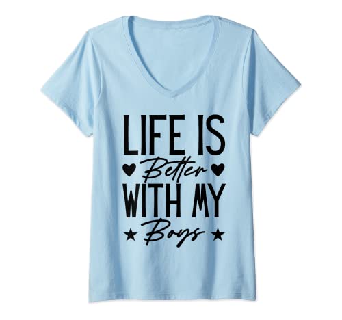 Mujer Life is Better with My Boys, Mom Funny Mother's Day para mujer Camiseta Cuello V