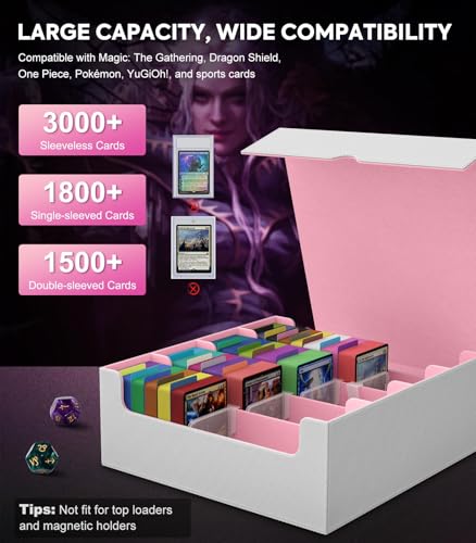 Image of MoKo Trading Card Storage Box, 3000+ MTG Deck Box with 24 Colorful Dividers & 4 Card Supporters, Commander Card Deck Case Fits for Magic Game Cards, YugiOh, TCG, PTG and Sport Cards, White+Pink
