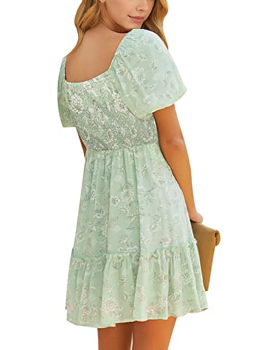 Sprime Women's Summer Casual Dress Square Neck Puff Sleeve Flowy Short Dresses Floral High Waist Ruffle Hem A-Line Dress #TOP5