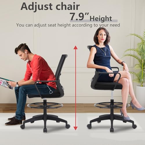 Image of BestOffice Drafting Chair Tall Office Chair Adjustable Swivel Rolling Mesh Height with Lumbar Support Arms Footrest Mid Back for Adults Standing Desk Drafting Stool(Black)